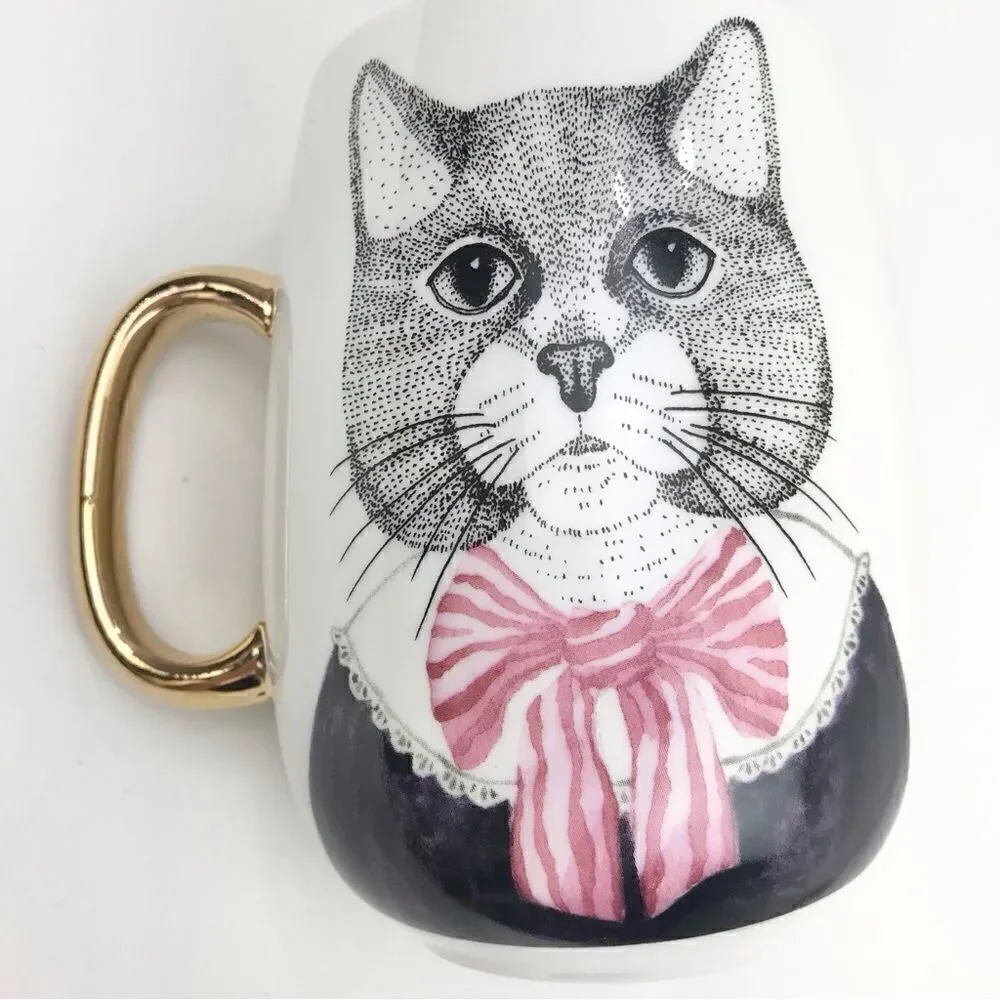 Pier 1 Fancy Cat Black White Pink Stripe Bow Double Sided Graphic China Mug